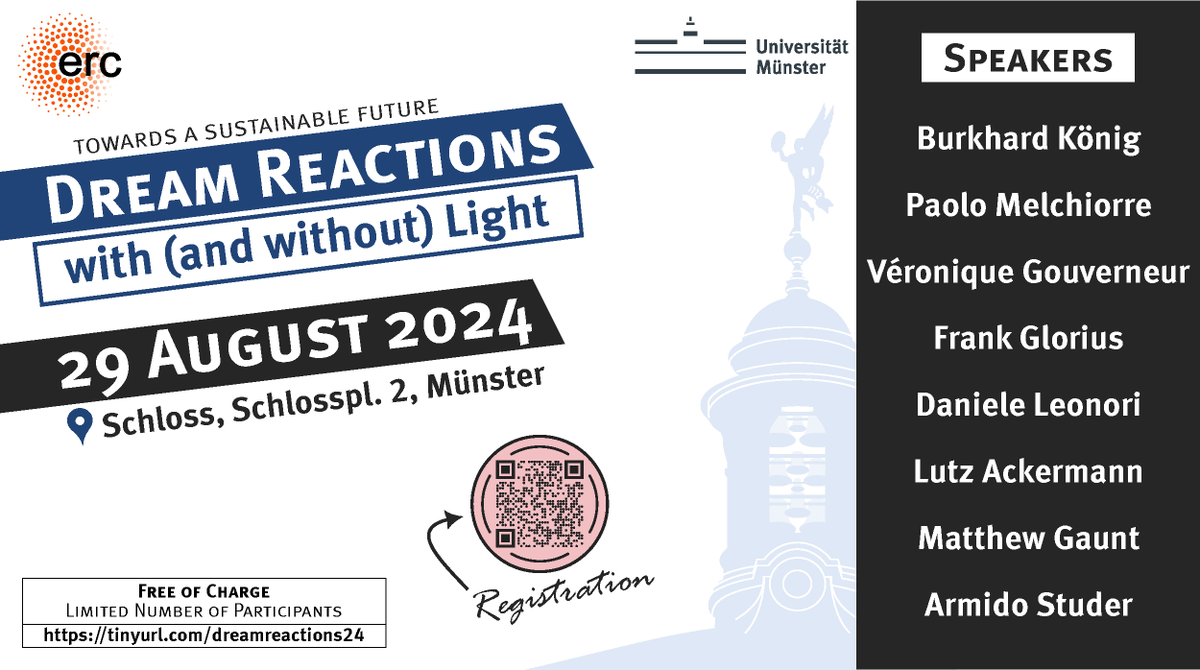 'Dream Reactions for a Sustainable Future', 2nd edition. Symposium in Münster, Germany (only in person) on 29th August. Great program & location (🏰), free for all, registration required. 🙏 RT #Chemistry @GDCh_aktuell @ERC_Research @uni_muenster #catalysis