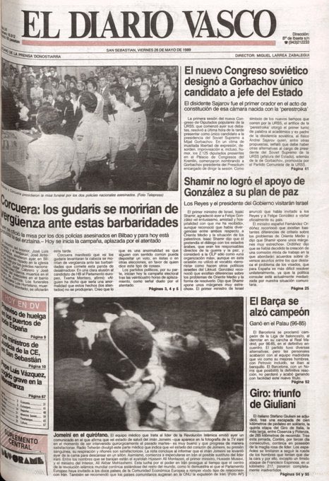 In Memoriam Caídos por Dios y por España, ¡¡Presentes!! D.E.P La Muerte no es el Final Siempre en Nuestra Memoria ¡¡Viva España!! ¡¡Arriba España!! 24/05/1989 ETA asesina al TEDAX D. JM Sánchez, TEDAX D. Manuel Jódar y Ertzaina D. Luis Hortelano en Bilbao rtve.es/aplicaciones/v…