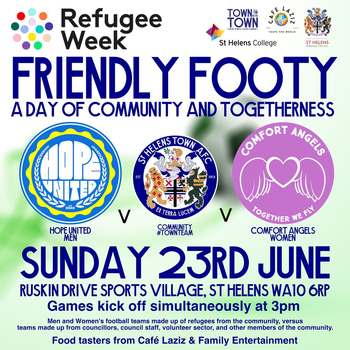 St Helens Town AFC (@sthelenstownfc) on Twitter photo 💙For <a href="/RefugeeWeek/">Refugee Week 🧡</a> with <a href="/sthelenscouncil/">St Helens Borough Council</a> <a href="/StHelensCollege/">St Helens College</a> & <a href="/LazizCafe/">Café Laziz</a> we are proud to be hosting Friendly Footy 2024 at Ruskin Drive, Sun 23rd. Football, amazing food, music, kids entertainment & community. Some guest appearances so keep an eye out.
#TOWNTEAM #StHelensTogether 💙For <a href="/RefugeeWeek/">Refugee Week 🧡</a> with <a href="/sthelenscouncil/">St Helens Borough Council</a> <a href="/StHelensCollege/">St Helens College</a> & <a href="/LazizCafe/">Café Laziz</a> we are proud to be hosting Friendly Footy 2024 at Ruskin Drive, Sun 23rd. Football, amazing food, music, kids entertainment & community. Some guest appearances so keep an eye out.
#TOWNTEAM #StHelensTogether