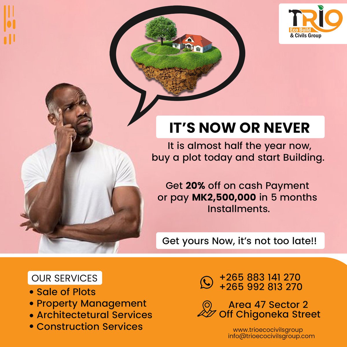 TrioEcobuild's tweet photo. ITS NOW OR NEVER
Buying land should be one of the achievements this year, with 5 months installments by September you have owned a plot
#trioecobuild #triocivils #happyweekend https://t.co/odhL9m8fss