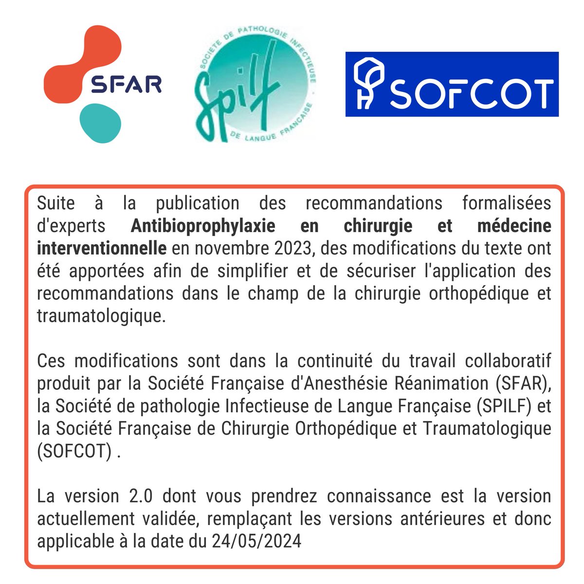 SFAR_ORG's tweet photo. 🚨Mise à jour du référentiel sur l’antibioprophylaxie en chirurgie et médecine interventionnelle V2.0 ➡️ https://t.co/ASdjNq29V6

@sofcot_ortho @cnp_armpo @SPILF_ @SOFARTHRO @AJARFrance @SNJeunesAR @SNPHARE @SyndicatSnarf @SFARJeunes @cnear_fr @IADE_de_France @contactfnir @SNIA75 https://t.co/b9LZfMqPPo