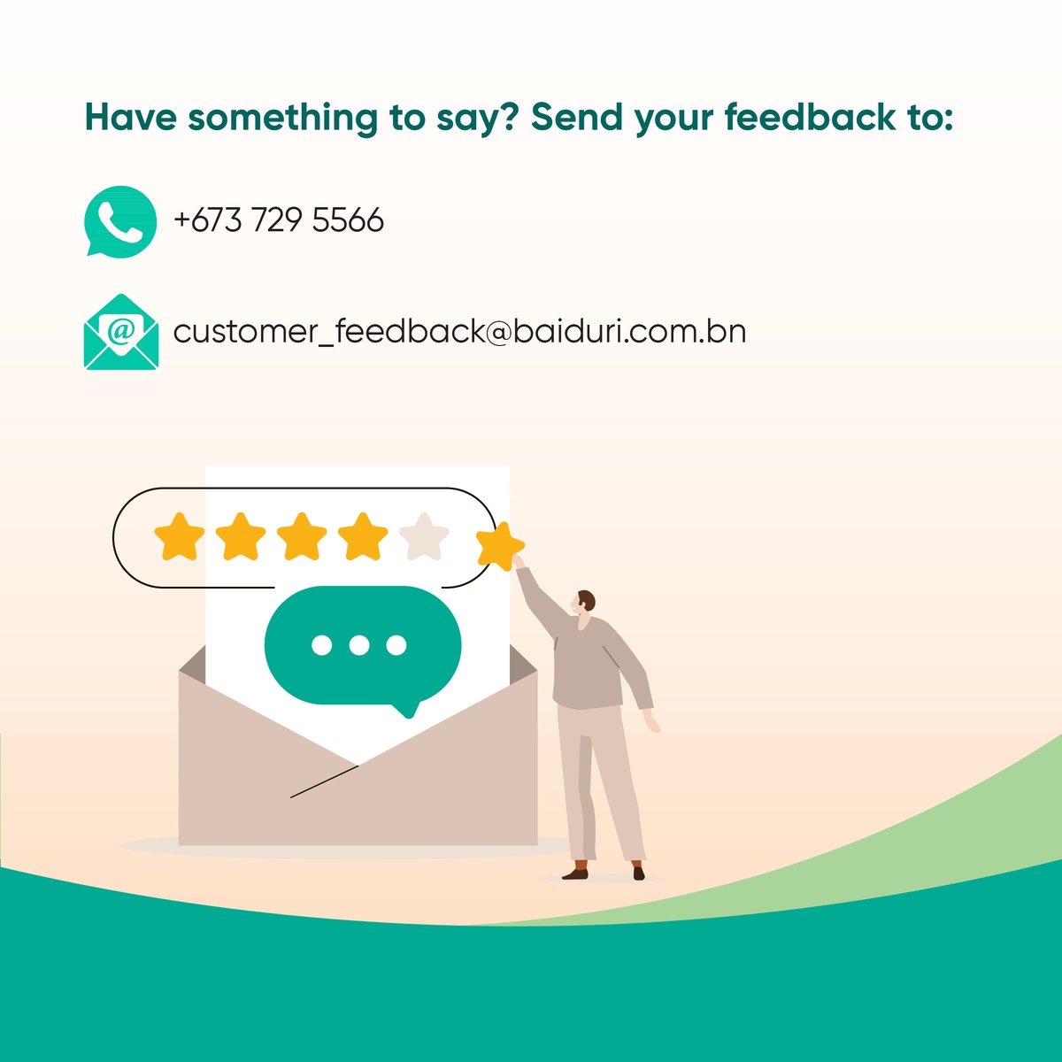 BaiduriBank's tweet photo. We appreciate &amp; value every feedback we receive.
Keep them coming because you're helping us grow and serve you better! Thanks for co-creating with us and being a part of our journey.
#baiduribank #cocreatingyourfuture https://t.co/Eh2tIzT0AE