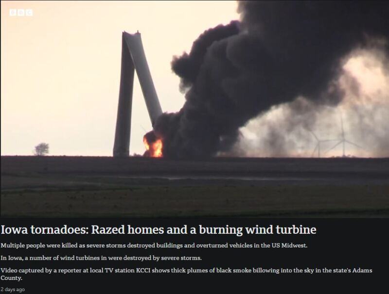 The tragic irony of seeing massive wind turbines destroyed by the wind. This is the aftermath in Iowa, in Midwest United States, known as 'tornado alley'. Awareness is growing of wind & solar vulnerability to weather, and taxpayers will be left on the hook. #NetZeroPipedream