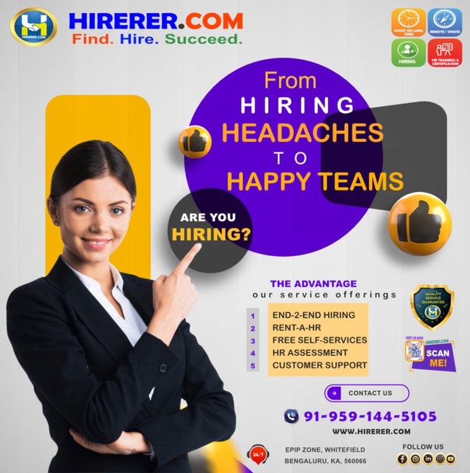 HIRERER.COM, Your Gateway to Top #Talent - #Hiring & #Recruitment Redefined

visit hiring.hirerer.com to know more

#EfficientHiring #EconomicalSolutions #BusinessSupport #GrowWithUs #ThrivingTeams #rentahr #outofjob #Hirerer #SmartlyHiring #iHRAssist #SmartlyHR