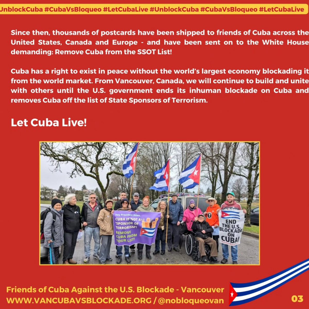 BIDEN, REMOVE CUBA FROM YOUR SO-CALLED ‘STATE SPONSORS OF TERRORISM’ LIST NOW! 🇨🇺✊ check out & share our statement: vancubavsblockade.org/index.php/2024…
#OffTheList #NoAlTerrorismo #UnblockCuba #NoMasBloqueo