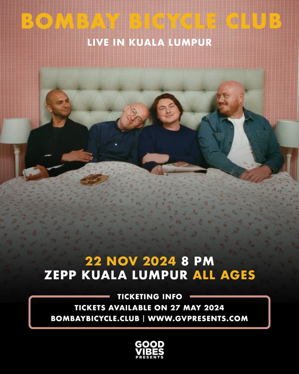 Quintessential indie rock outfit Bombay Bicycle Club will finally be making their way to our shores to perform live at Zepp KL on 22 November 2024! Tickets go on sale at 11 AM on 27 May 2024 at gvpresents.com