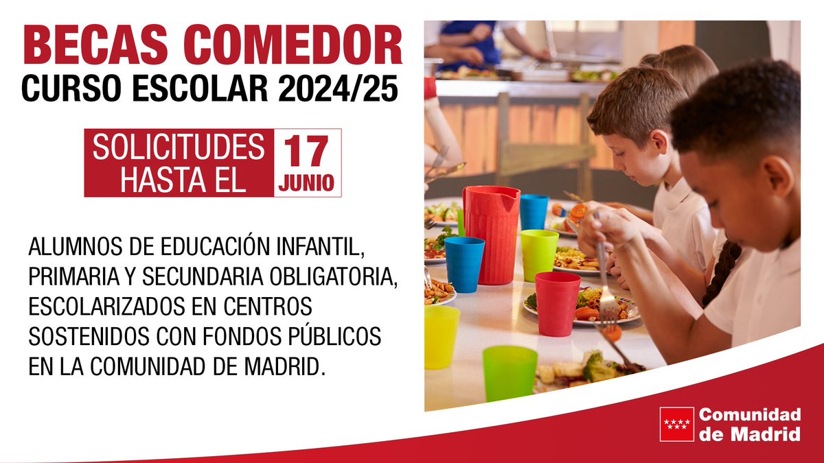🍎 Abierto el plazo para solicitar las becas de comedor escolar del curso 2024/25.

✅ La documentación se podrá presentar vía presencial, en colegios y registros oficiales, o a través de la web.

📲 +Info: c.madrid/BecasComedor