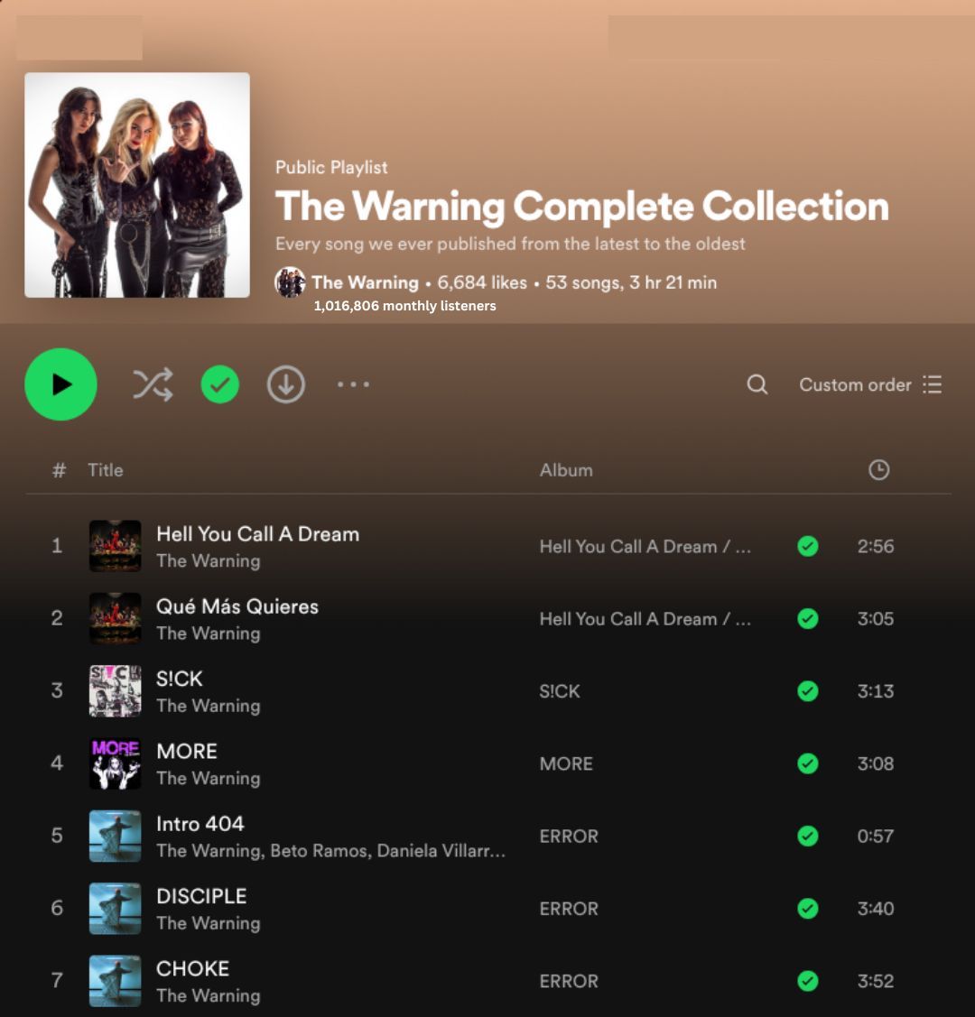 TheWarningAust's tweet photo. Listen to @TheWarningBand2's Complete Collection of music on @Spotify!π§
Share with friends and new listeners!
π https://t.co/DH9eoQAl8R π
#ERROR #Spotify #TheWarning #TheWarningBand #TheWarningError #TheWarningAnimosity #rockband #SpotifyPlaylist #Music https://t.co/IllU8Z3m0E