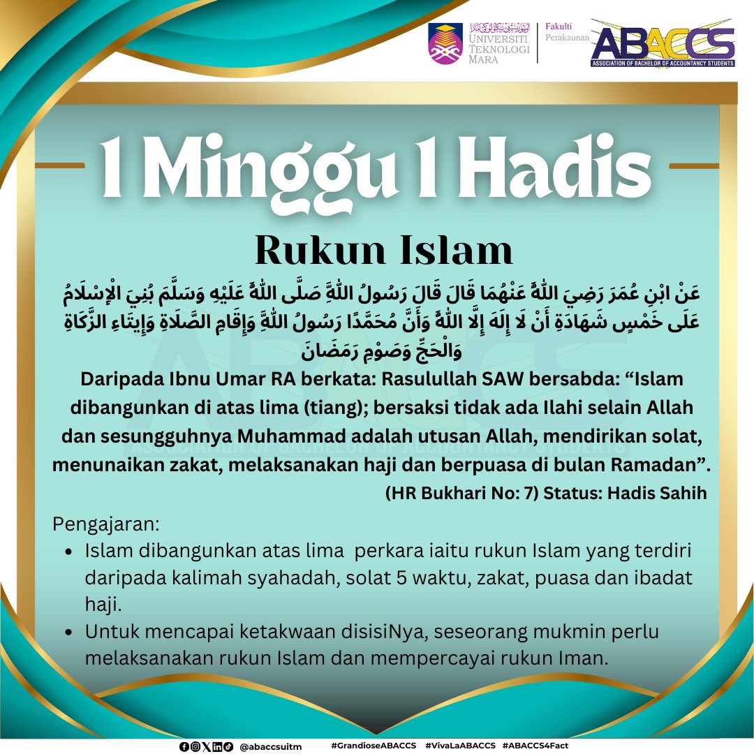 Assalamualaikum W.B.T dan Salam Sejahtera 🕌🌙

Bersempena dengan hari Jumaat yang barakah ini, kami ingin berkongsi satu hadis yang bertajuk 'Rukun Islam'.

Pesanan ikhlas daripada kami,
EXCO KEROHANIAN DAN KEBAJIKAN
ABACCs 2024

#GrandioseABACCS
#VivaLaABACCS
#ABACCS4Fact