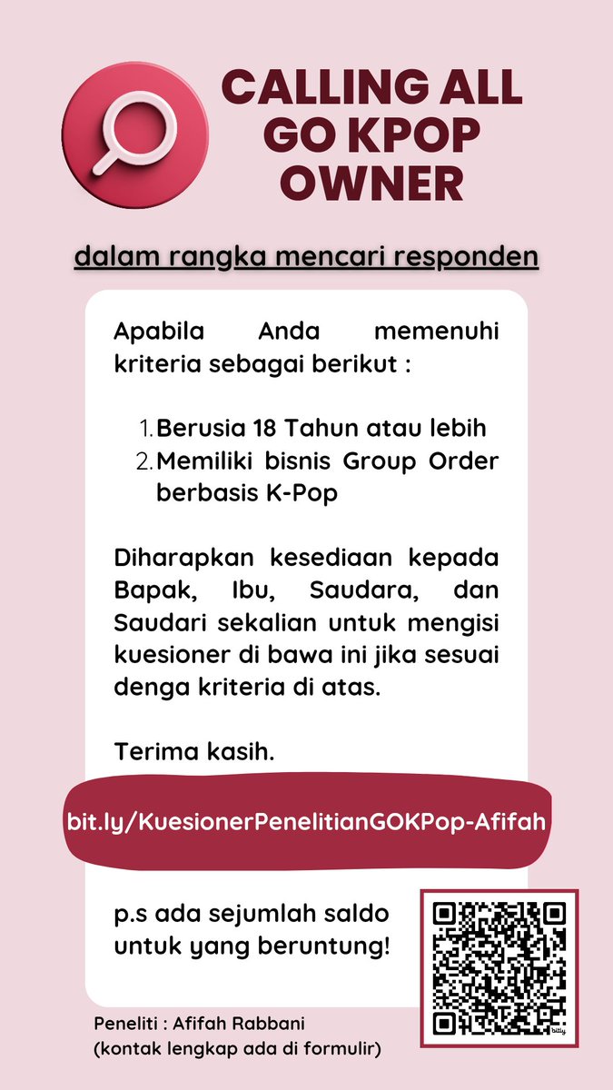benhayb's tweet photo. ‼️[HELP RT]‼️

Halo! Saya Afifah, mahasiswi semester akhir Akuntansi, saat ini sedang melakukan penelitian skripsi tentang pemilik Group Order (GO) KPOP.

Sekiranya Bapak/Ibu/Saudara/i memiliki kriteria sbb, boleh mengisi link ini ya :

https://t.co/lrv0BDflsi

Terimakasih🙏 https://t.co/rHMxhS29LM