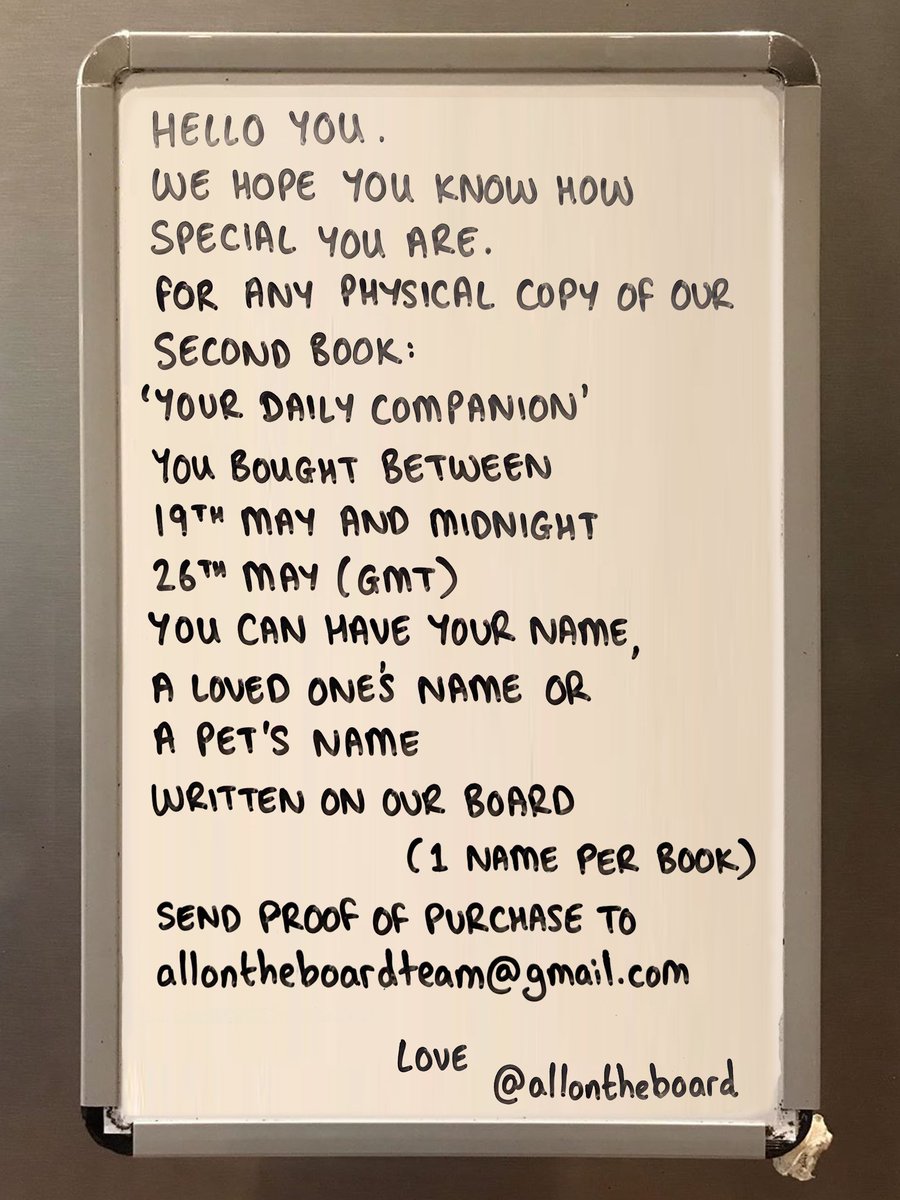For each copy of our 2nd book 'Your Daily Companion'' bought between 19th May - 26th May (tomorrow). we will write your name, the name of a loved one or Pet on a board. (1 name per book). Send proof of purchase to allontheboardteam@gmail.com Buy book here amzn.to/3CjJO4z