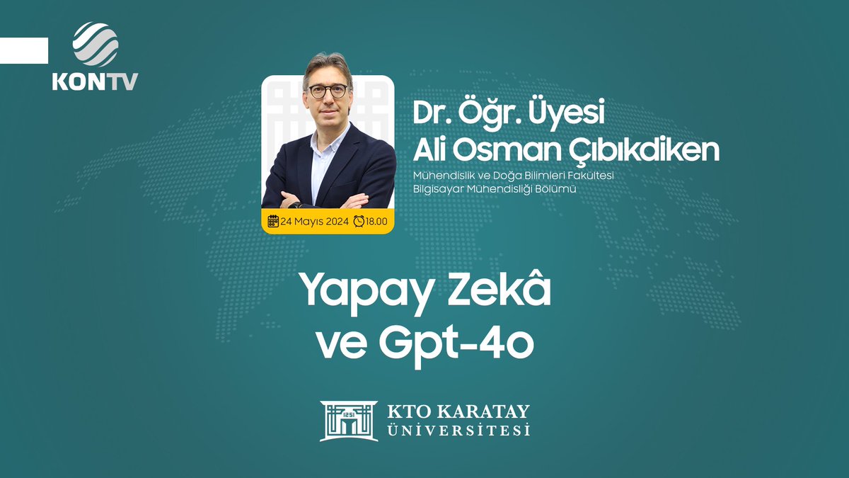 Mühendislik ve Doğa Bilimleri Fakültesi Bilgisayar Mühendisliği Bölümü akademisyenlerimizden Dr. Öğr. Üyesi Ali Osman Çıbıkdiken, @Ekoturktv ve @KONTV ekranlarında ❝Yapay Zekâ ve Gpt-4o❞ konusunu değerlendiriyor. ⏰12.00 📺Ekotürk TV ⏰18.00 📺KONTV