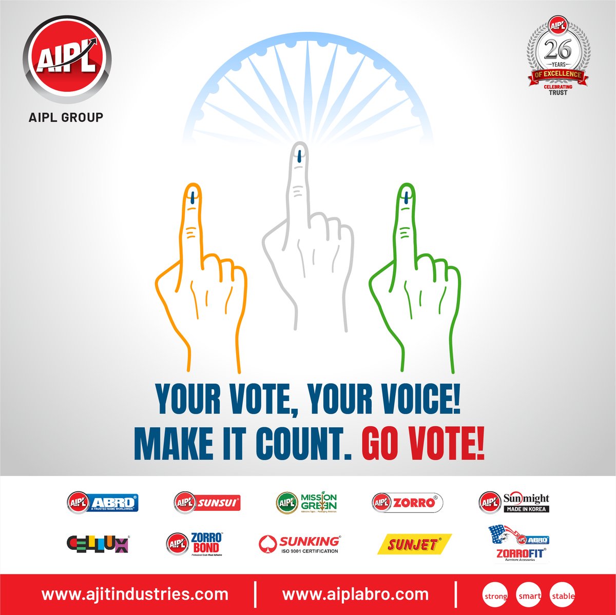 🗳️ Tomorrow is Delhi Lok Sabha 2024 Election Day !

Exercise your right and make your voice heard. Cast your vote for a brighter tomorrow. ✅

#DelhiLokSabhaElections2024 #ElectionDay #IndiaVotes #YourVoteCounts #AIPLGroup #AIPL #AIPLABRO #AIPLZorro #Cellux #AjitIndustries
