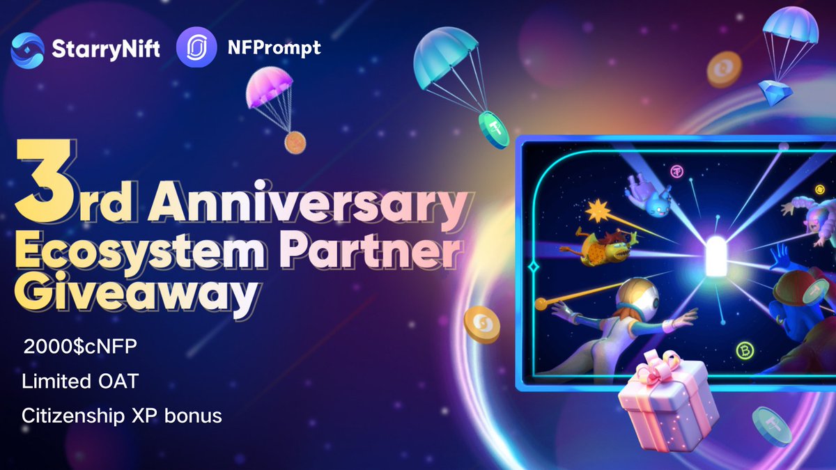 🎉Excited to announce the launch of the #NFPrompt x #StarryNift 3rd #Anniversary Celebration Campaign! 🎁Participate and enjoy the $cNFP prize pool, along with exclusive #OAT and #Citizenship XP bonuses! Maintain the 'Raffle Pool' and 'Vote for #AI #Chatbots' to earn extra XP