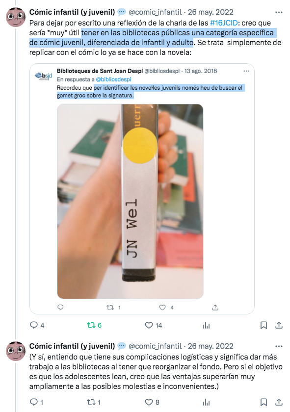 Hoy en las #17JCID del <a href="/cobdc/">COBDC</a> hay una mesa redonda sobre cómic juvenil con varias caras conocidas (<a href="/jaumevilarrubi/">Jaume Vilarrubí</a>, <a href="/evazqupu/">Elisabet Vazquez</a>, <a href="/eliramirez82/">Eli Ramirez 🌻</a>) 
y desde aquí recupero mi petición de hace dos años: crear sección de cómic juvenil en las biblios públicas. Y cuidarla cuando ya existe.