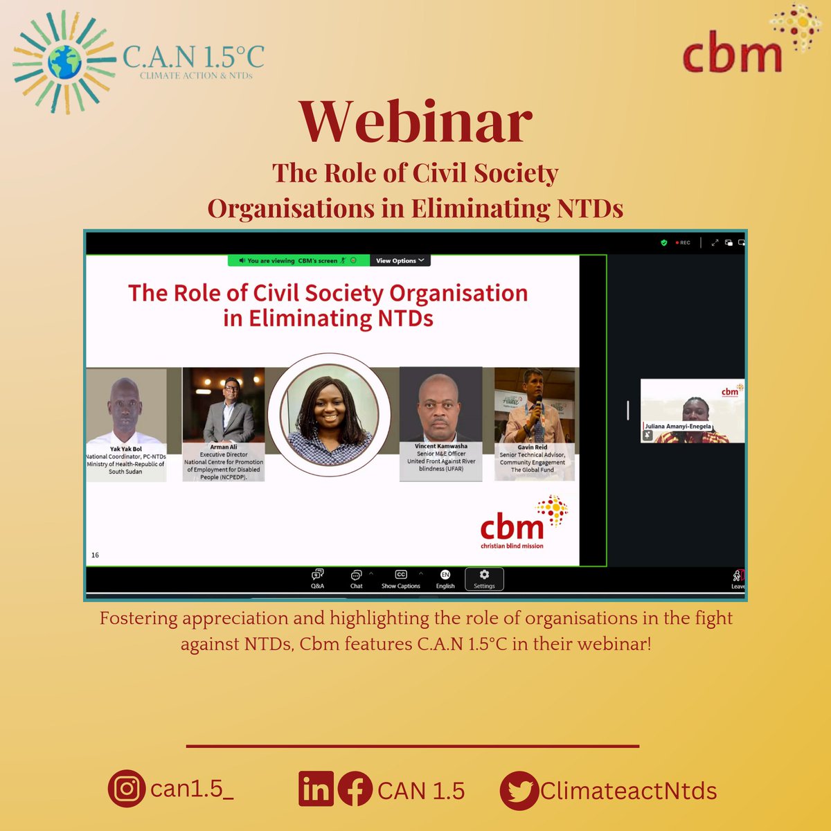ClimateactNtds's tweet photo. Joining forces to eliminate NTDs! Honoured to be featured in CBM's webinar, highlighting our work &amp; collaboration with Civil Society Organizations. 
#CAN #CBM #NTDs #Collaboration https://t.co/RosP7GR17c