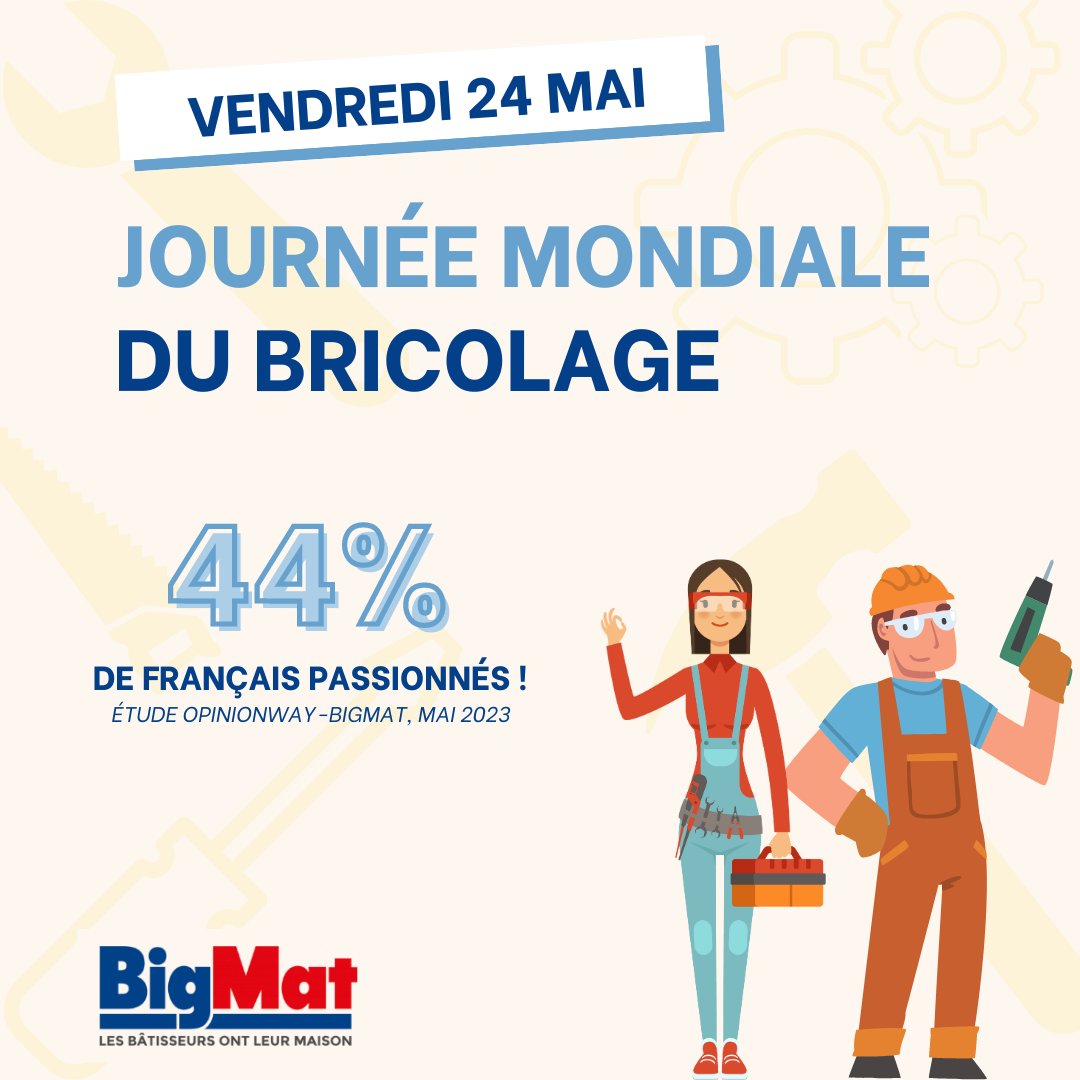C’est la journée mondiale du #bricolage ! 🔨

🧰⚒️ D’après l’étude <a href="/opinionway/">OpinionWay</a>-BigMat, 44% des Français sont passionnés par cette activité

De nombreux conseils et tutos sont disponibles dans 314 points de vente BigMat et sur bigmat.fr, alors tous à vos outils !