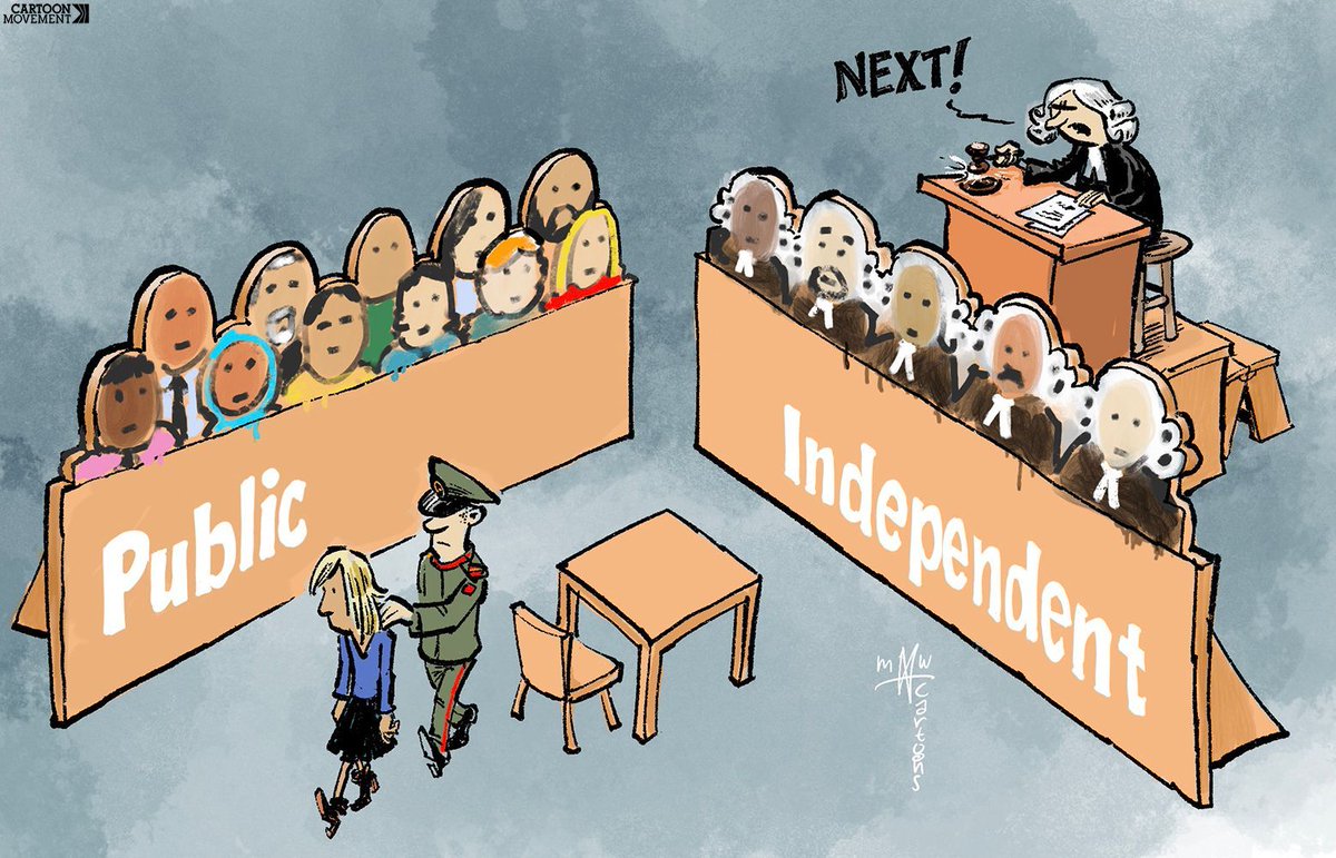 Article 10 of the Universal Declaration of Human Rights: Everyone is entitled to a fair and public hearing by an independent tribunal. Today's cartoon by @mwcartoons This cartoon is part of the booklet Cartoons for Human Rights: buff.ly/3P12Yn7 #humanrights #justice