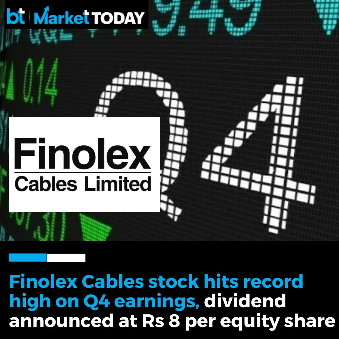 business_today's tweet image. 📈📉 #MarketToday | Shares of #FinolexCables hit their record high in early deals today after the firm reported a 6.3% rise in Q4 profit. Net profit climbed to Rs 186.1 crore in the last quarter against Rs 175 crore in the fourth quarter of FY23.

➡️ The board of the wiremaker
