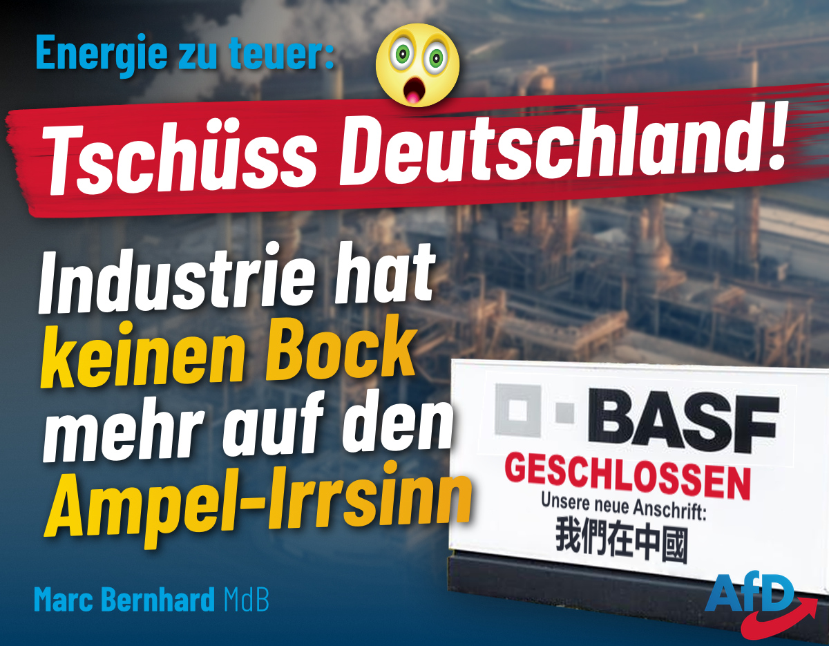 #Energie zu teuer: Tschüss Deutschland! Industrie hat keinen Bock mehr auf den #Ampel-Irrsinn

Hohe #Energiekosten und zunehmende Bürokratie sind laut #BASF-Vorstand entscheidende Gründe für die mangelnde Rentabilität der Anlagen in Ludwigshafen. Schluss mit dem 'grünen' Irrsinn!