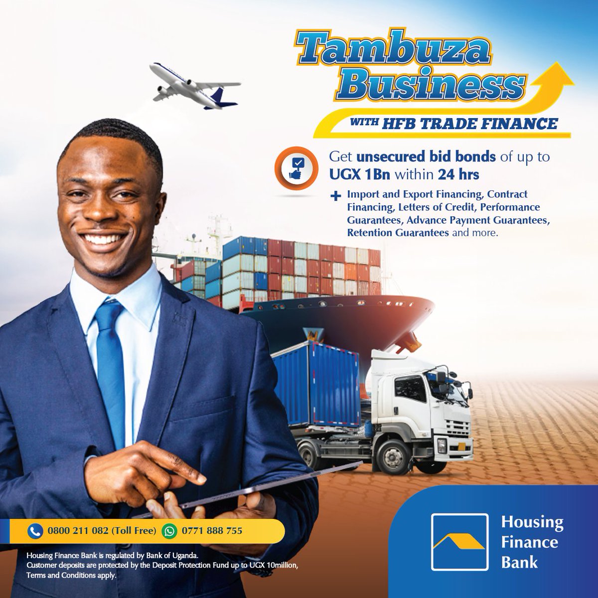 Our trade finance solutions are designed to support your business in reaching its goals. Apply today to get up to UGX 1 billion in unsecured bid bonds within 24 hours and more. Call us on 0800 211 082 to learn more. #WeMakeItEasy