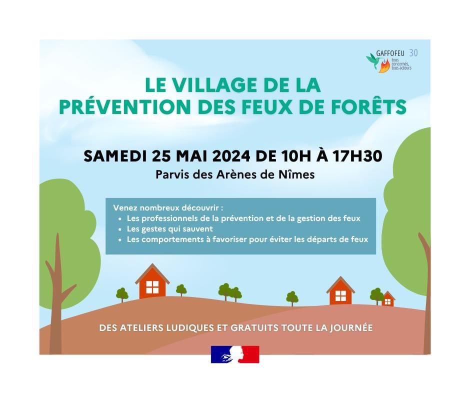 [#Prévention] 🔥Un village forum du nom de GAFFOFEU verra le jour samedi à #Nîmes. Une opération de sensibilisation au risque des feux de forêts ouverte à tous, toute la journée, sur le parvis des Arènes de Nîmes, de 10h à 17h.