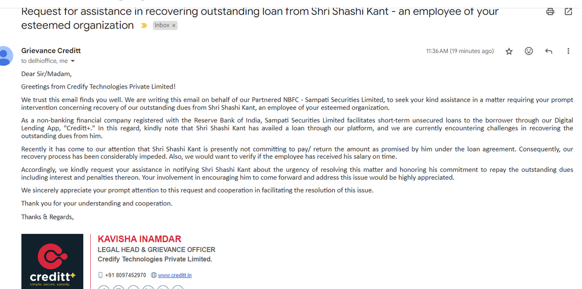 sskant90's tweet photo. @RBI should take action on @credittapp+ @NBFC this app should be banned these people are not following @RBIsays guidelines, mentally harassing me, Aaj inhone mere office me mail kar diya aur ab mujhe kuchh samajh nahi aa raha hai mai kya karu. @RBI @RBIsays @baapofrecovery https://t.co/LkmwwhZ0Xx
