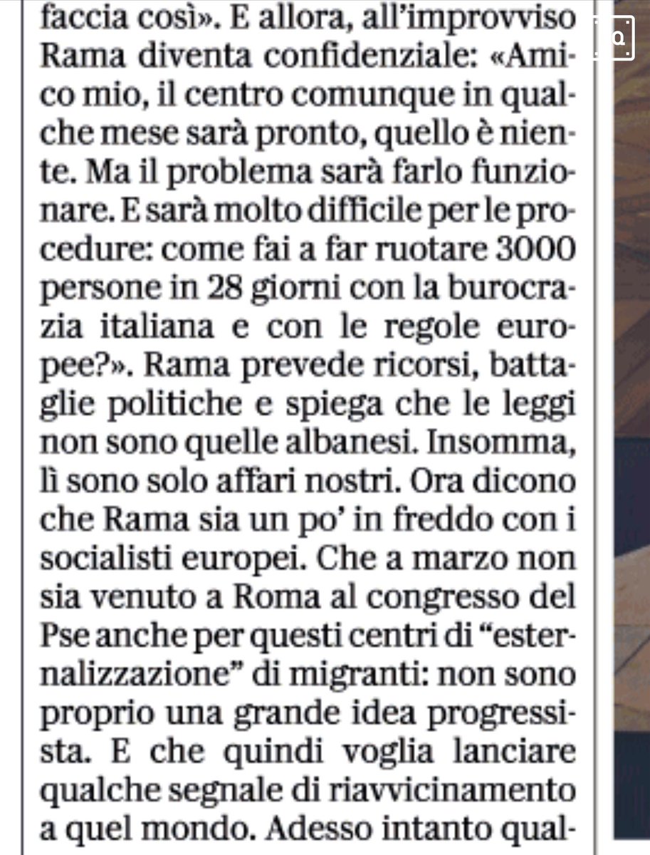 Il premier albanese Edi Rama oggi su Rep, a proposito dei centri italiani per migranti in Albania.