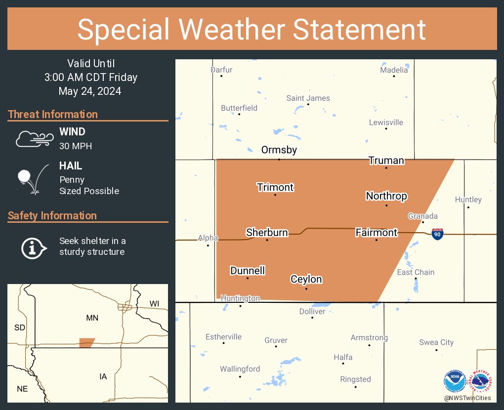 A special weather statement has been issued for Fairmont MN, Sherburn MN and Truman MN until 3:00 AM CDT