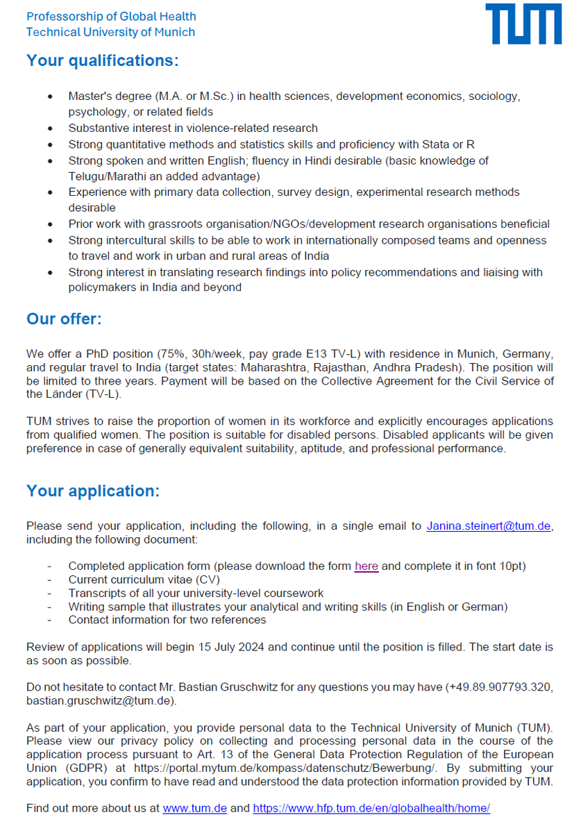 📢Come work with us! 3-year PhD position at the Professorship for Global Health @TU_Muenchen @HfPMuenchen to support an @ERC_Research funded study on economic violence against women in India (Indian applicants particularly welcome!) More information here👉hfp.tum.de/en/hfp/news/ar…