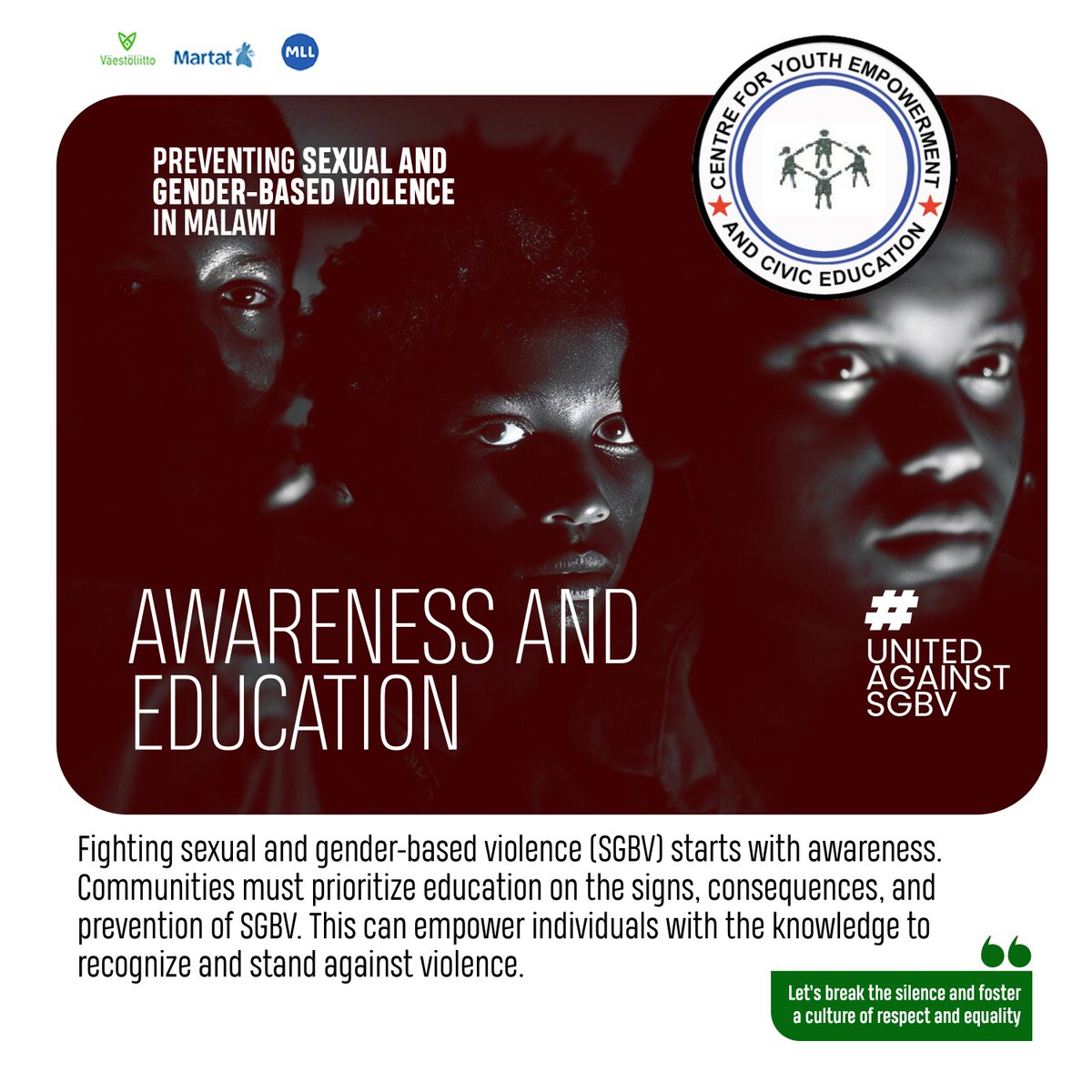 Fighting sexual and gender-based violence (SGBV) starts with awareness. Communities must prioritize education on the signs, consequences, and prevention of SGBV.