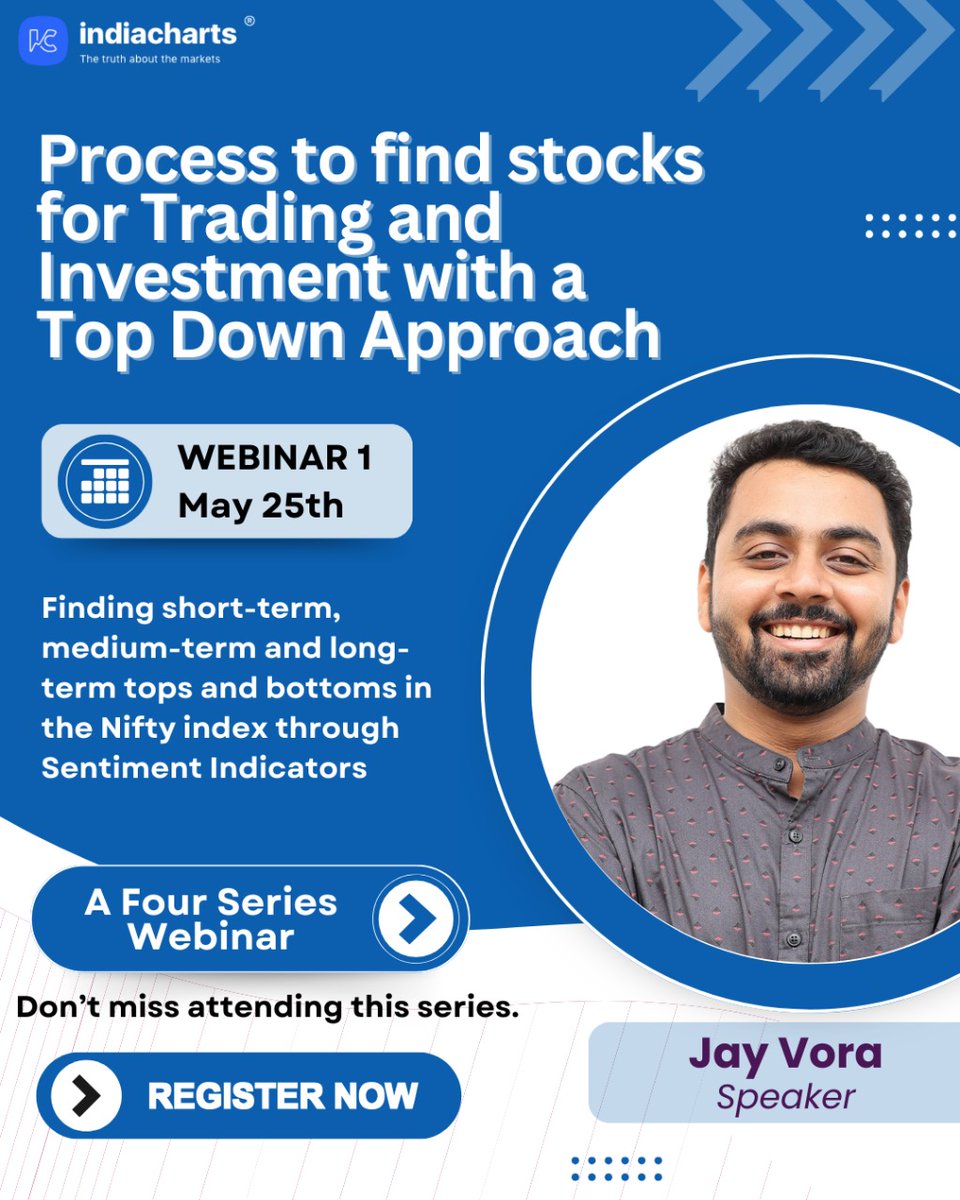 Join us for a Free Webinar Series on 'Process to find stocks for Trading and Investment with a Top Down Approach' Speaker - Jay Vora Note – This will be a 4 series webinar Webinar- 1 25th May–Finding short-term, medium-term and long-term tops and bottoms in the Nifty index