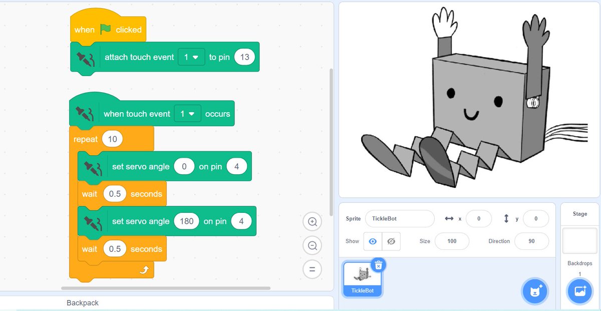 With an #ESP32 and our new Sensor Kit extension, making @jrflorentine #TickleBot in #Scratch is a breeze with CodeSkool ide.codeskool.cc. No wiring to PC required, no WiFi connection issues, just plug and play with BLE support.
#STEM #STEMeducation #MakerEd #CodingForAll