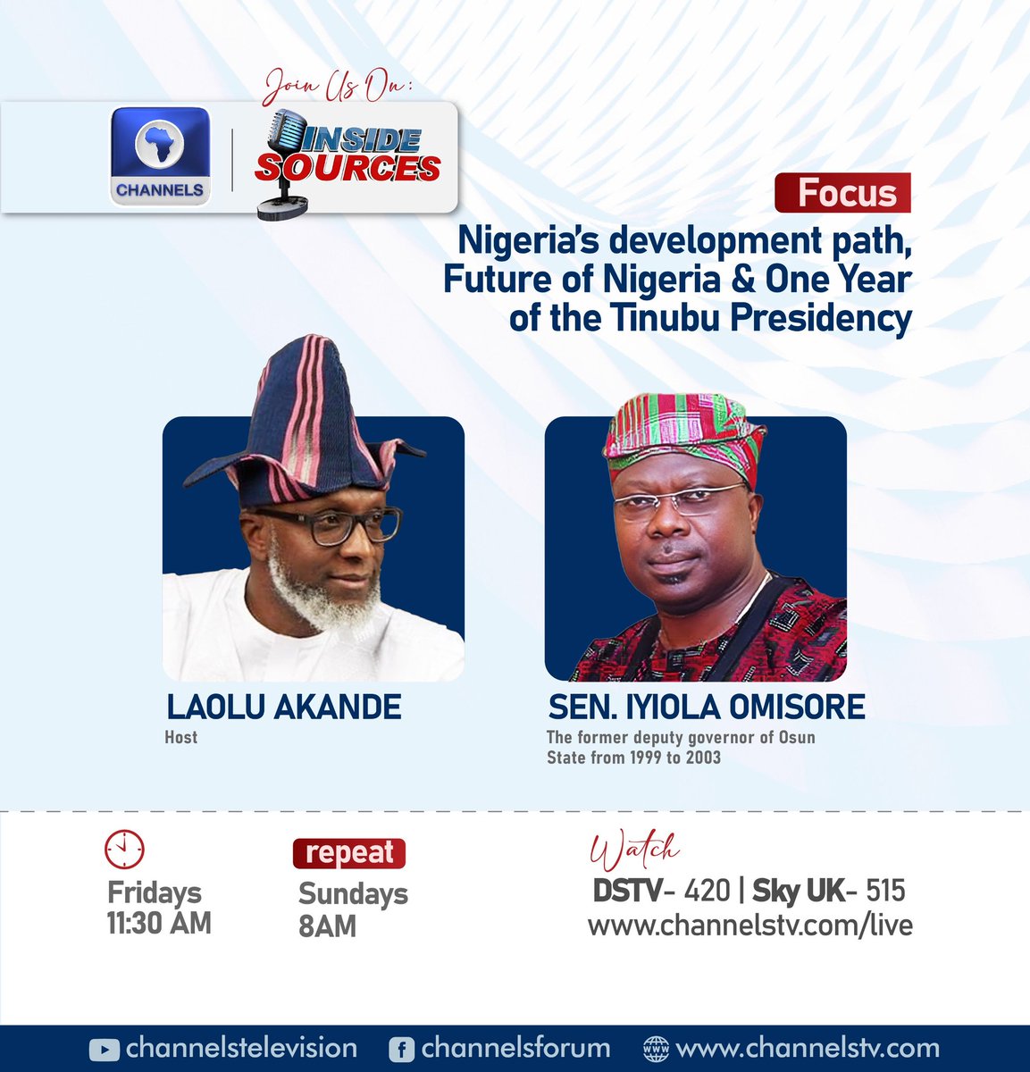 Ireoluwa_Ademi's tweet image. Tune in to Channels Television today at 11:30am for a captivating discussion about Nigeria&apos;s development path and future, as well as a critical analysis of President Tinubu&apos;s first year in office. 

#InsideSources.
Join @akandeoj On @channelstv.

 Macaroni Ganduje Arise TV