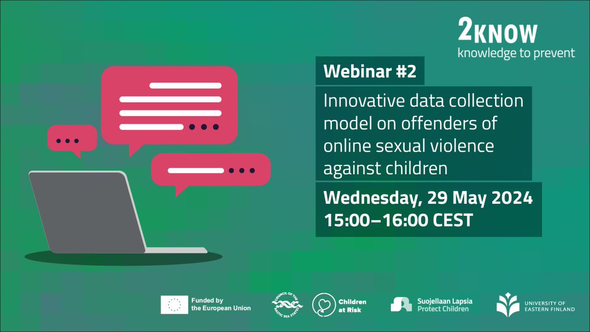 CBSSsecretariat's tweet image. 🔔 Do you want to learn more about the innovative data collection model that is being used in the 2KNOW project? Join us for the second webinar in the Project #2KNOW webinar series, where researchers from @SuojellaanLapsi and @UniEastFinland discuss the data gathering model that