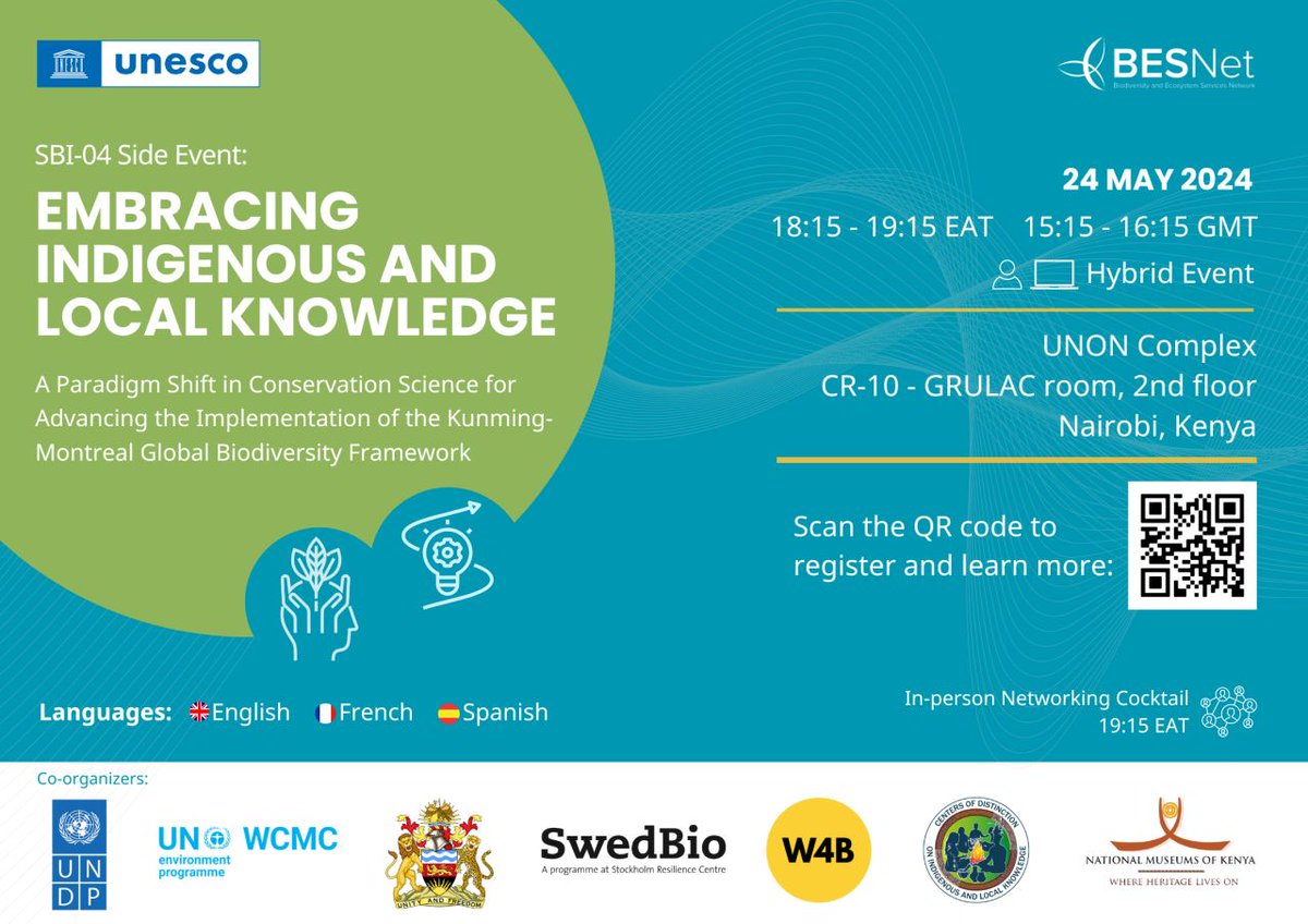 📢Join us today at the #SBI04 side event! Hosted by UNEP-WCMC, @BESNet_UNDP, @UNESCO and partners, the event aims to highlight the pivotal role of Indigenous and local knowledge in advancing global biodiversity targets🌎🌿✔️