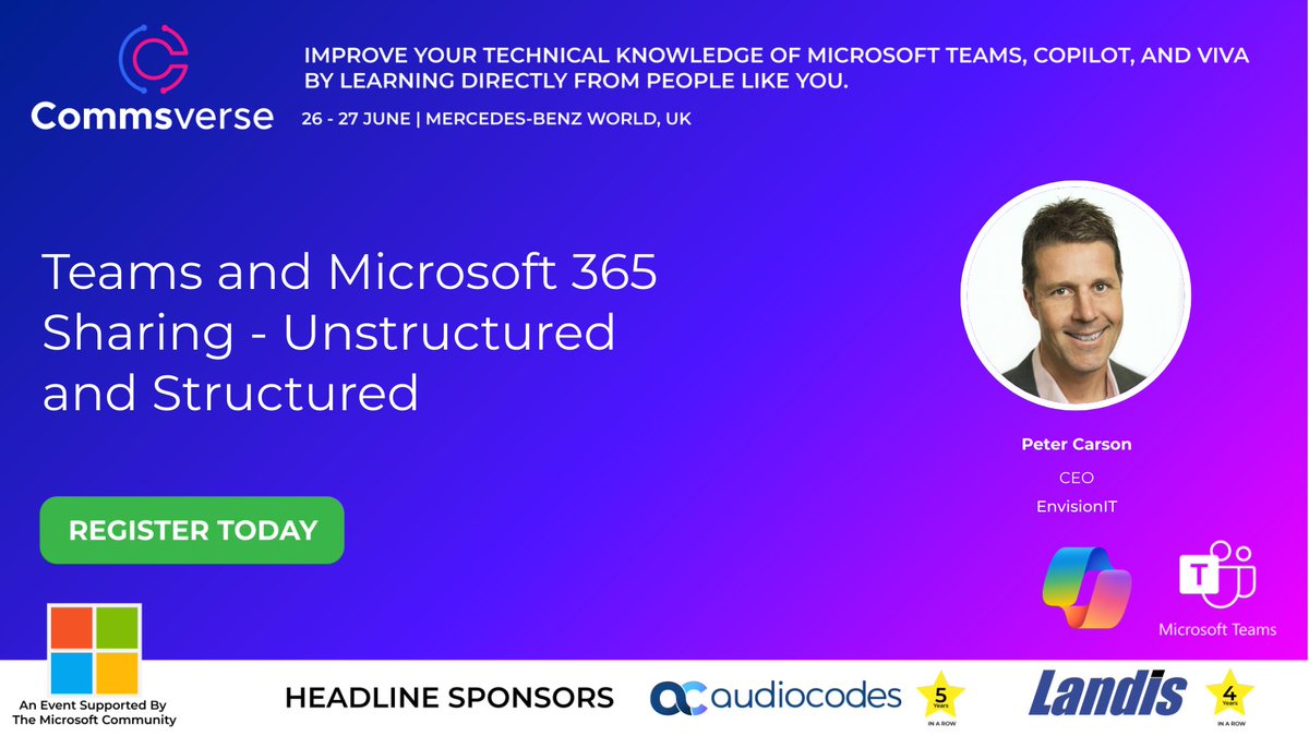 Teams and Microsoft 365 Sharing - Unstructured and Structured by Peter Carson at Commsverse 2024 📢 events.justattend.com/events/confere… #commsverse #microsoftteams #techcommunity