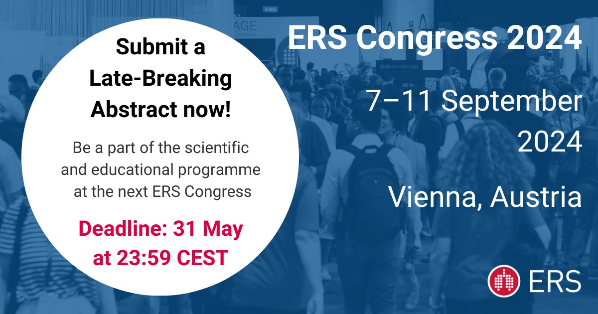 There is only one week left to submit your Late-Breaking Abstract for the ERS Congress 2024 in Vienna.

Deadline for submissions: 31 May 

Submit now: bit.ly/3vL7gYY