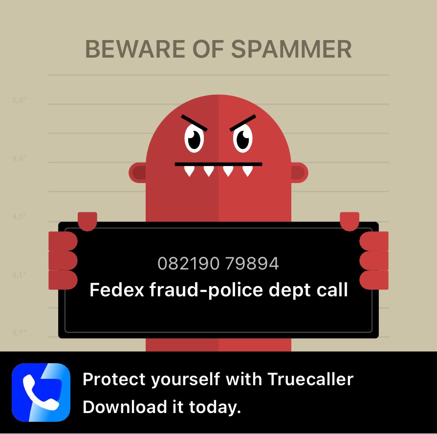 Truecaller saved me from this spammer! Get protected now:
tc.onelink.me/571208033/c9sx… #SpamShame ph no +91 821-9079894 - fedex company call to report to immigration- pls be aware or would fall in big trap