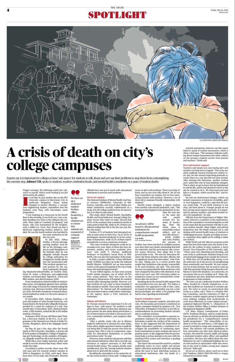 TRIGGER WARNING ‼️ B/w Oct - Jan 2023, student suicides occurred in reputed edu institutions in #bengaluru every month, many on campus Police say there were 258 student suicides in 2023 & 72 in 2024 Higher edu dept refused to comment on the issue Read- bit.ly/4bIxpru