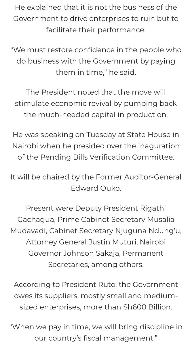 The high Pending bills in Counties points to a gap in policy implementation. As the FY 2023/2024 draws to an end the KK Government needs to address the Pending Bills threat in both levels of Government, release the much-needed liquidity, facilitate better economic performance