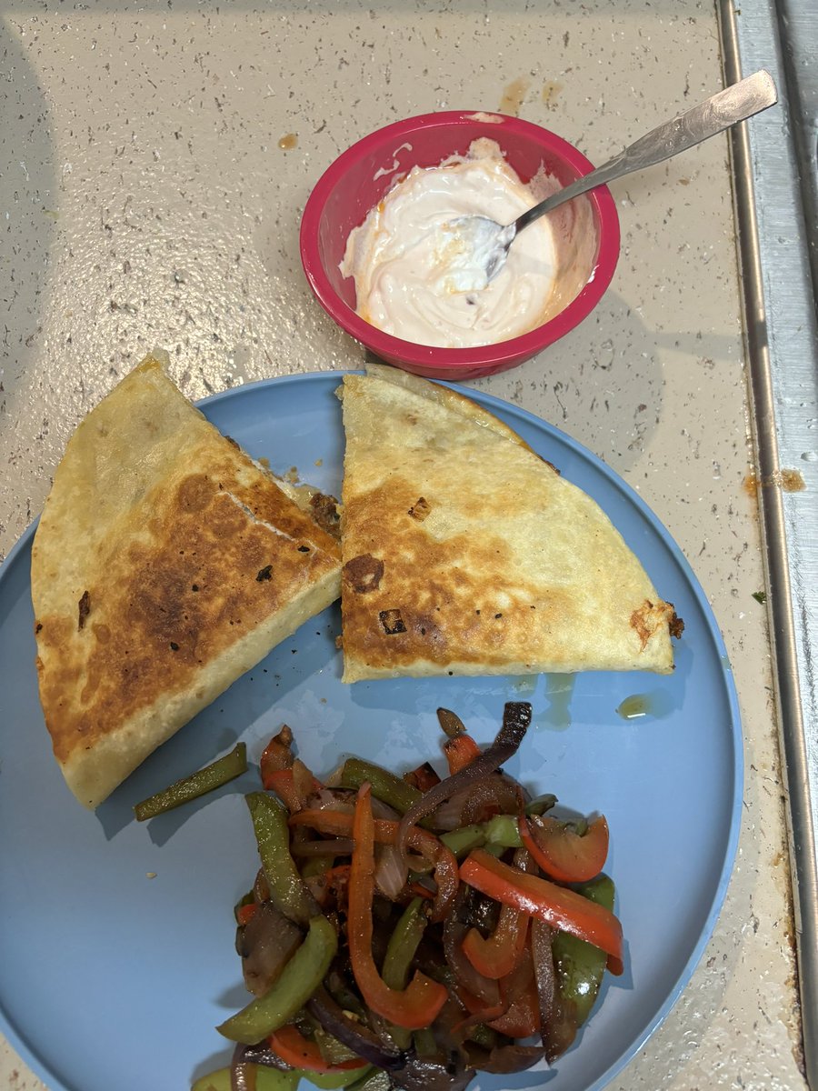 Just made the best vegetarian beef quesadilla…  with homemade chipotle vinaigrette with sour cream