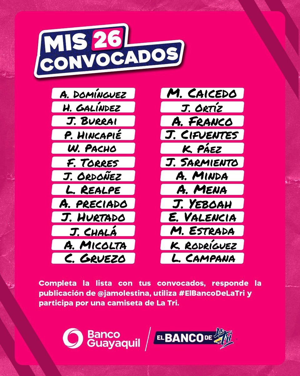 @AndresPonce28 Estos son mis 26 convocados para la #CopaAmerica. Vamos a hacer historia!!! 🇪🇨 #ElBancoDeLaTri @BancoGuayaquil ⚽🏆