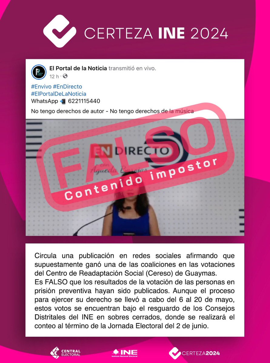 CertezaINE's tweet photo. 🚨#INEInforma | Es FALSO que los resultados de la votación de las personas en #PrisiónPreventiva hayan sido publicados. El conteo y escrutinio de estos se realizará hasta el 2 de junio. #CertezaINE2024 https://t.co/7lQqn6JdjT