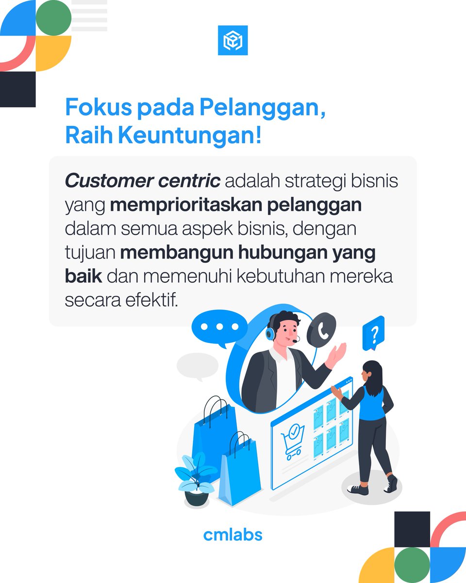 cmlabsco's tweet photo. Apa itu customer centric marketing dan seberapa penting strategi ini bagi bisnis?🤔

Sederhananya, customer centric marketing adalah salah satu aspek penting untuk meningkatkan customer loyalty.🙌

Berikut thread penjelasan singkatnya,cmmates! 
#costumercentric #marketing #cmlabs https://t.co/ve6M4RFvbo