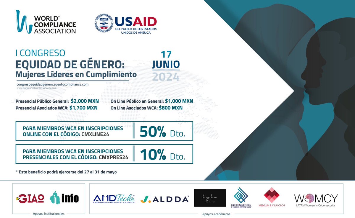 CarlosAPrez9's tweet photo. Estimados amigos asociados a @worldcompl les comparto los códigos de descuento para nuestro “I Congreso de #Equidad de #Género: #Mujeres #lideres en #Cumplimiento. Evento #hibrido

Conoce nuestro evento e inscríbete en:

https://t.co/L7pzp3DpBw https://t.co/IS9QGCWwe8
