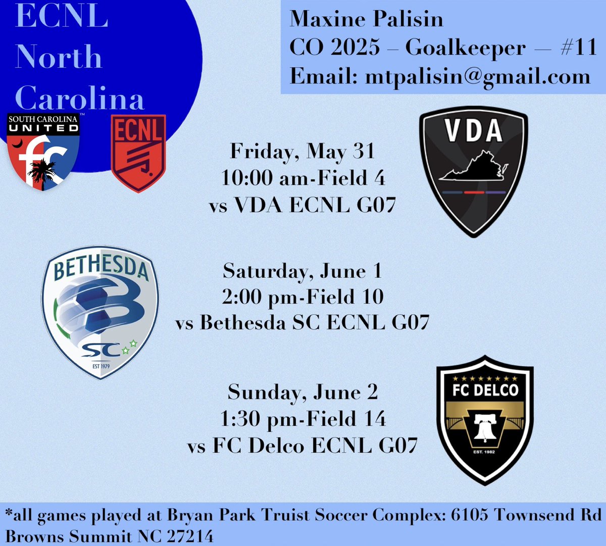 With the <a href="/ECNLgirls/">ECNL Girls</a> Greensboro showcase around the corner, here is my team's game schedule! I can't wait to get back out there with my team! Hope to see y'all there! <a href="/SCUnited_FC/">SC United FC</a> <a href="/Coach_Plex/">Will Plexico</a> <a href="/tikitakaklu/">Tomasz Kluszczynski 🇵🇱/🇺🇸</a> #ECNLNC