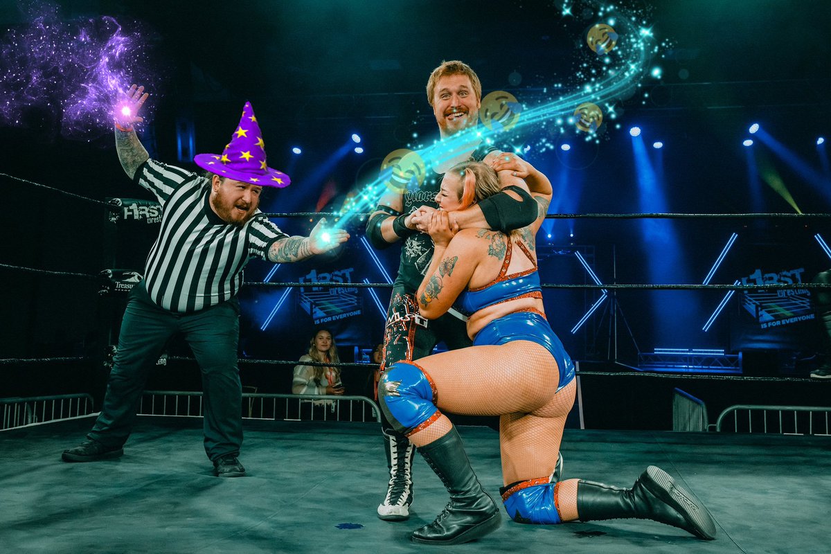 Referee wizard @RefereeClark casts Hideous Laughter, but only Darin Corbin fails the saving throw! 🧙‍♂️ (original 📸: @sarahdope) @f1rstwrestling (thanks for the tag @TopangaRainbows!)