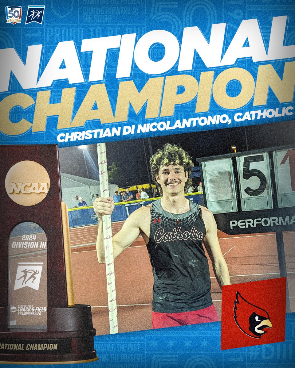 🏆 NATIONAL CHAMPION 🏆 Christian Di Nicolantonio of @CatholicU_Cards wins the men's pole vault with a top mark of 5.19m. #D3tf | #WhyD3