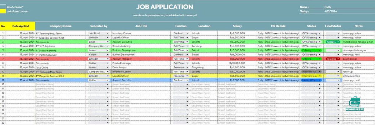 worksfess's tweet image. Jum&apos;at Berbagi!
aku mau berbagi template job tracker untuk kalian yang lagi berjuang lamar work! agar kalian bisa catet seluruh lamaran kalian dan update status lamaran kalian.
Link aku drop di kolom reply yaa 👌